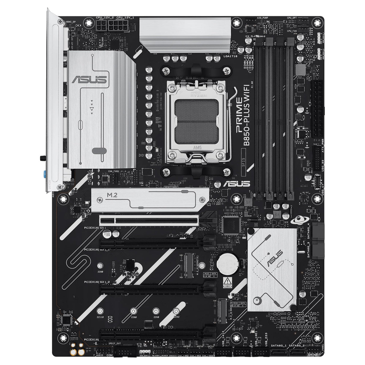 ASUS PRIME B850-PLUS WIFI - Placa base AMD B850 ATX, DDR5, PCIe 5.0 Ready, tres ranuras M.2, Wi-Fi 6E, Realtek 2.5Gb Ethernet, DisplayPort, HDMI, USB 10 Gbps Tipo-A y Tipo-C, BIOS FlashBack, Aura Sync