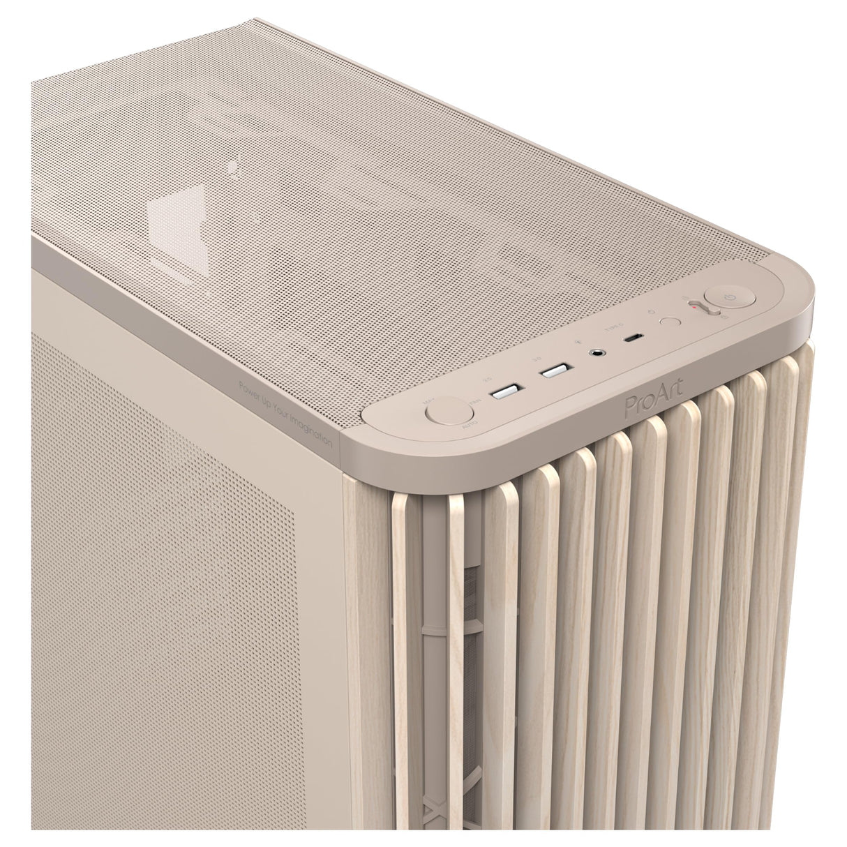 ASUS ProArt PA401 Wood Edition - Chasis ATX con Panel de Malla, Compatible con GPU de 314mm, Compatible con radiadores de 240 mm, Dos Ventiladores de 160mm, Soporte de PSU extraíble - Beige