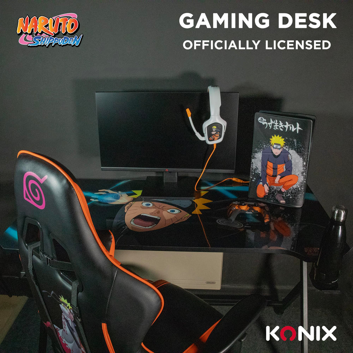 Konix Naruto Shippuden Escritorio Gaming 121 x 69 x 76 cm en Forma de Y - Mesa de Madera y Metal - Portavasos - Soporte para Auriculares - Motivo Naruto Rasengan