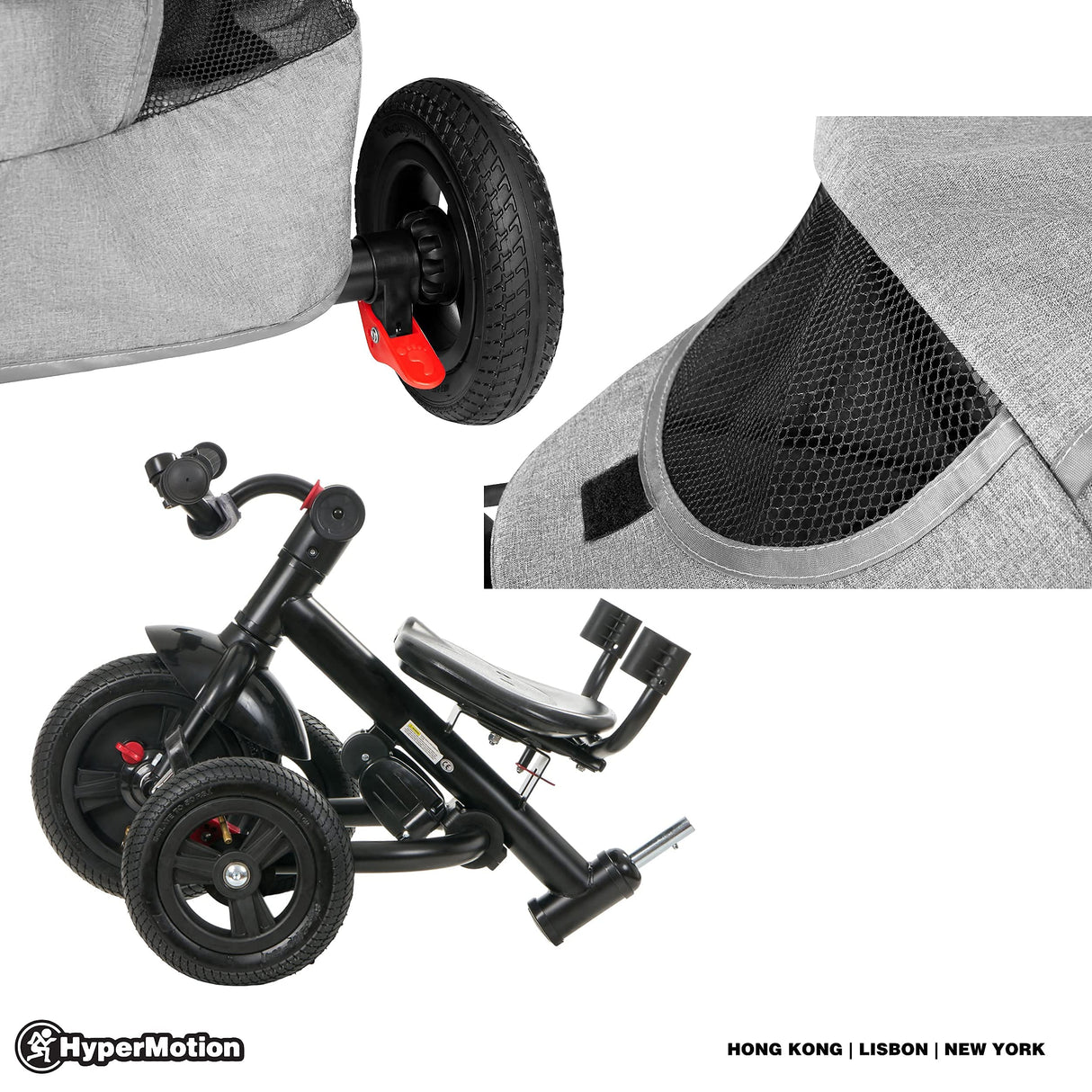 HyperMotion Triciclo Infantil 3 en 1 - Coche para Bebé con Asiento Giratorio y Cubierta de Lluvia - Triciclo Evolutivo 12 Meses a 5 Años, Plegable, Ruedas Bombeadas, 25kg, Gris