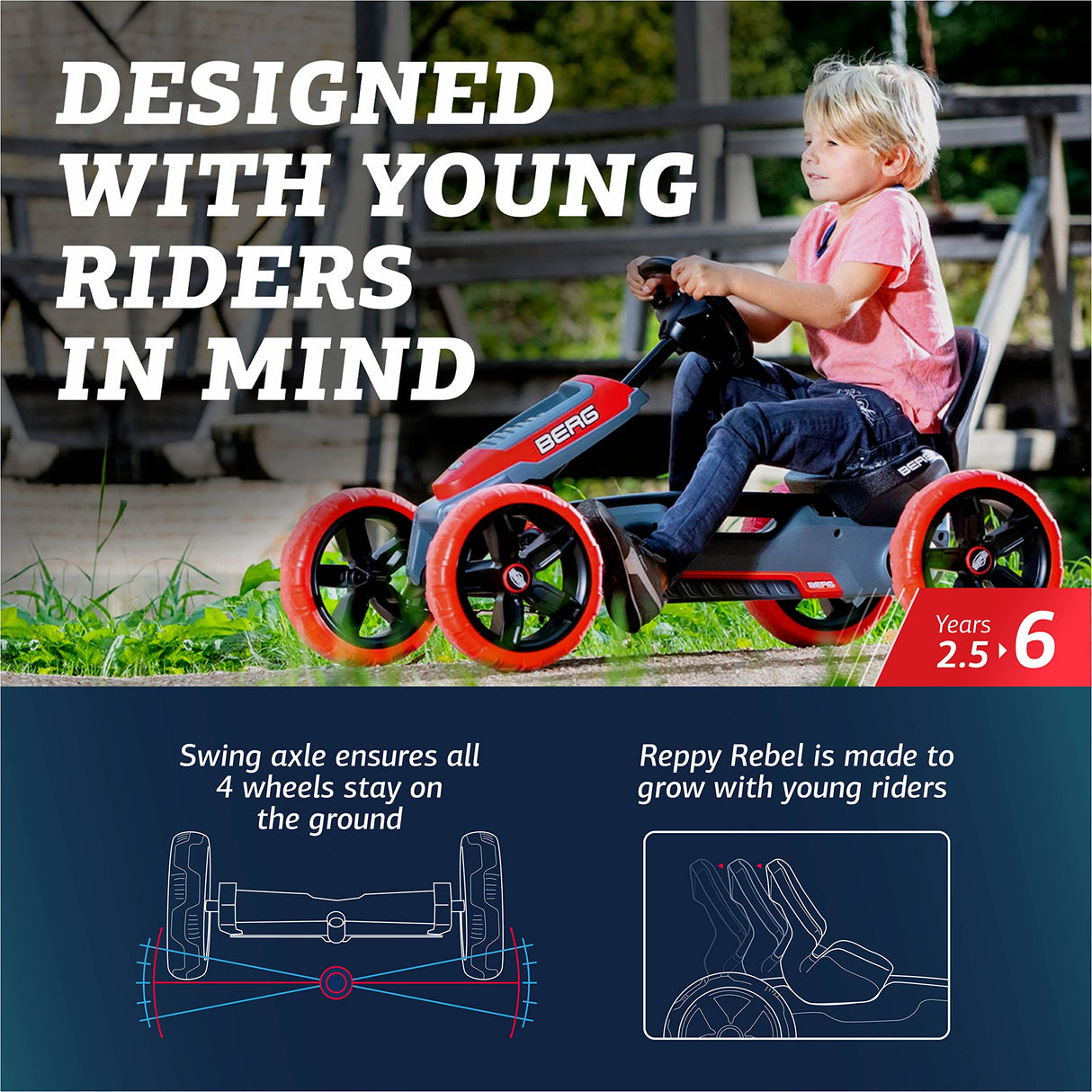 BERG Pedal Gokart Reppy Rebel con Caja de Sonido en el Volante| Coche de Pedales, Seguro y Estabilidad, Juguete para niños Adecuado para niños de 2,5 a 6 años