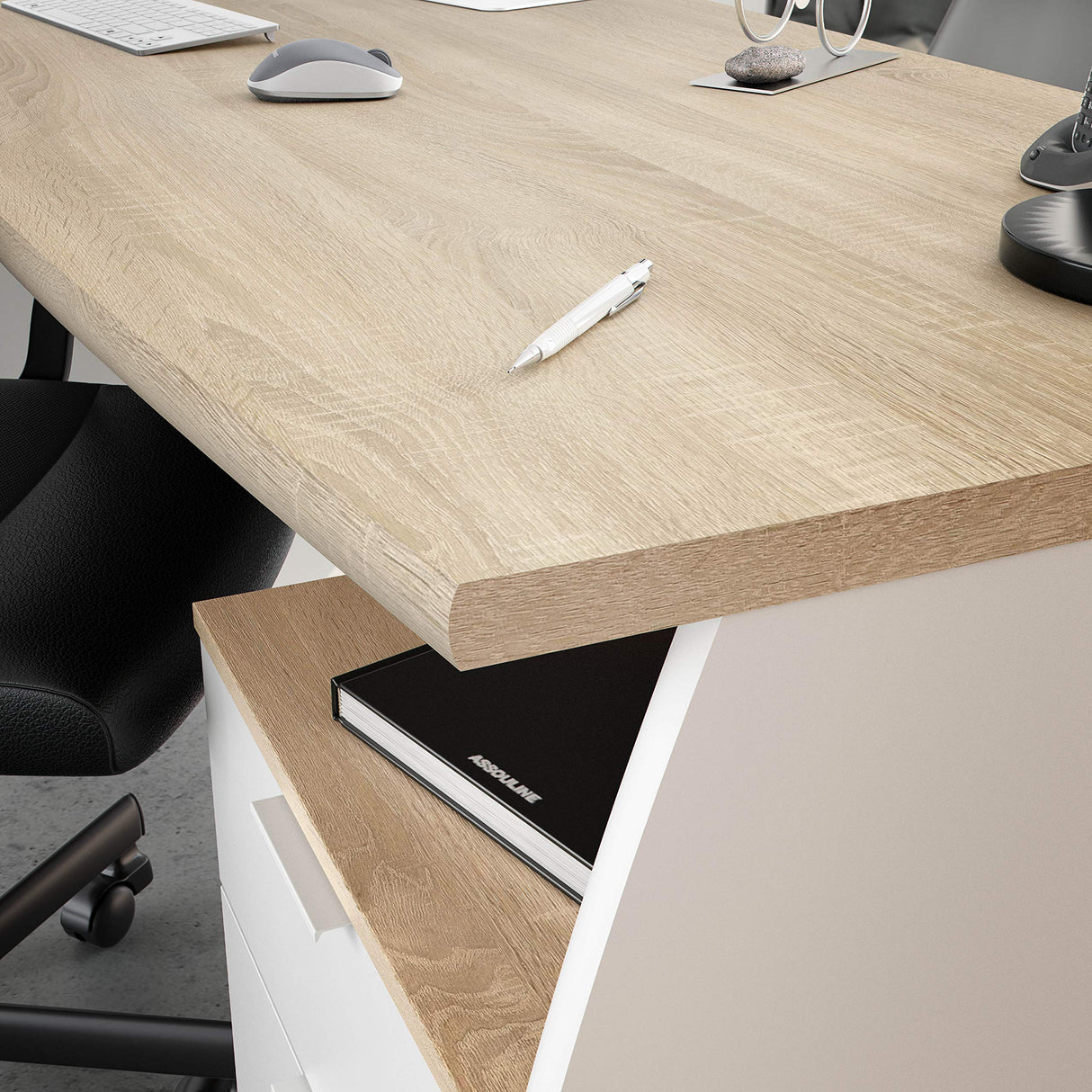 Habitdesign Mesa de Despacho con 3 Cajones, Mesa de Oficina o Estudio, Modelo Stil, Acabado en Balnco Artik y Roble Canadian, Medidas: 136 cm (Ancho) x 67 cm (Fondo) x 74 cm (Alto)