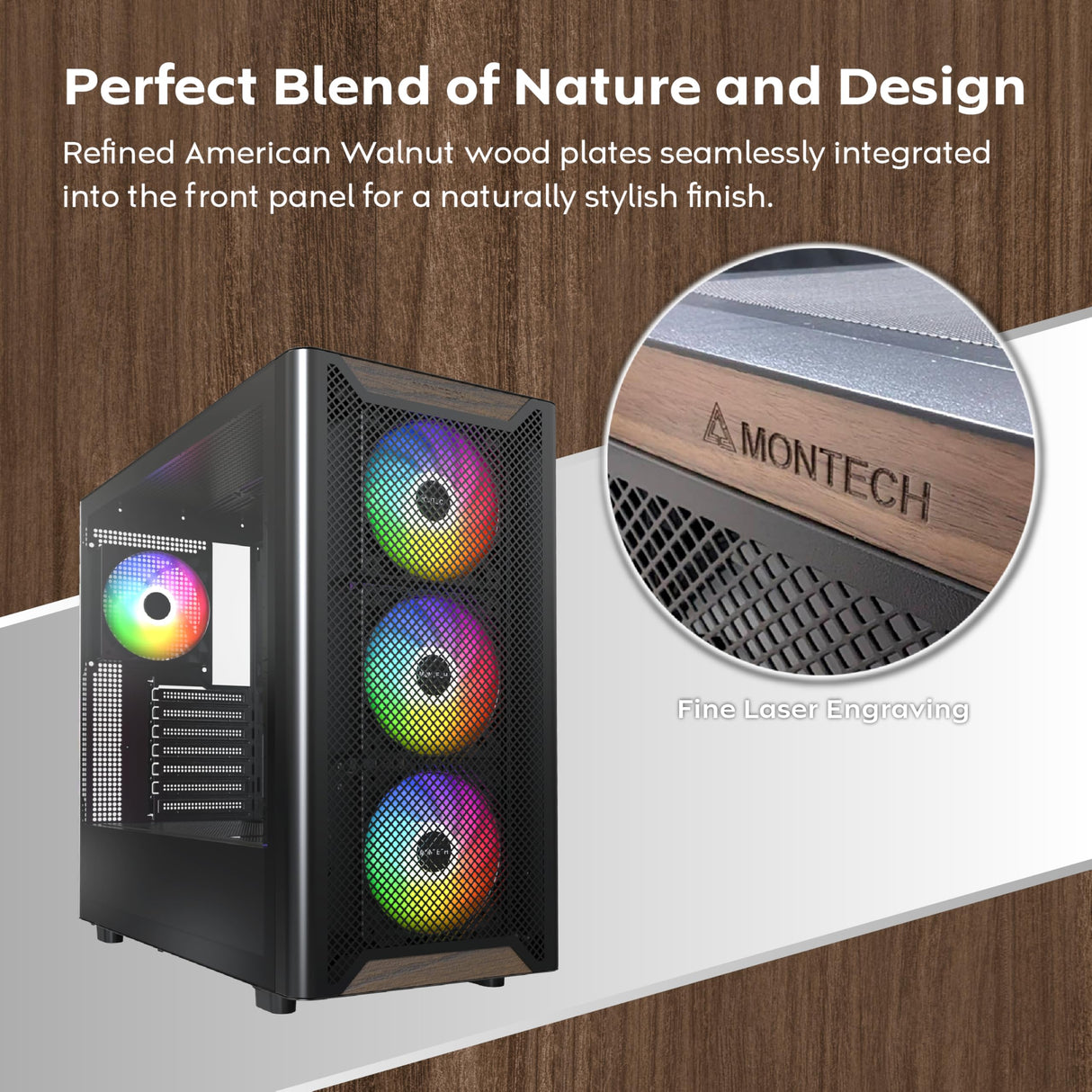 MONTECH XR Wood,Genuine Black Walnut Front, ATX Mid-Tower PC Gaming Case, Glass Side Panel, 4 x 120mm GF120 ARGB PWM Fans Pre-Installed, White