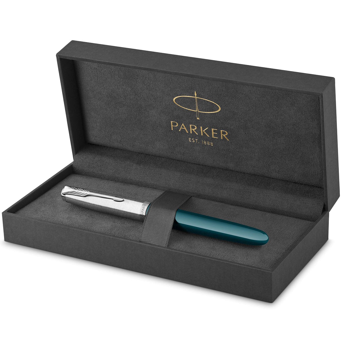 Parker 51 pluma estilográfica | cuerpo azul verdoso con adorno cromado | plumín fino con cartucho de tinta negra | estuche de regalo
