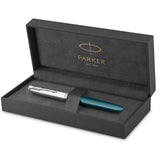 Parker 51 pluma estilográfica | cuerpo azul verdoso con adorno cromado | plumín fino con cartucho de tinta negra | estuche de regalo