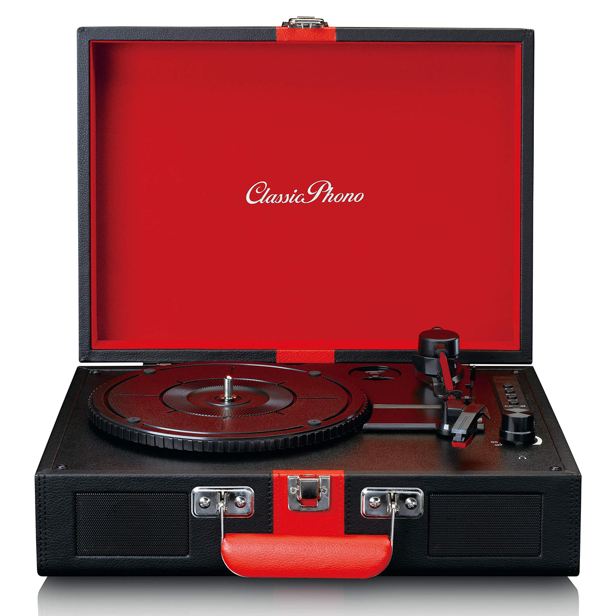 Classic Phono by Lenco TT-110 - Plato Giratorio - 33, 45 y 78 RPM - Bluetooth - transmisión por Correa - 2 Altavoces - Entrada Auxiliar, Salida RCA, 3,5 mm - Negro/Rojo