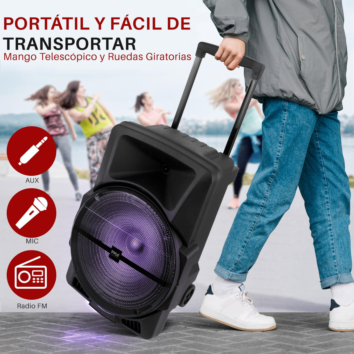 PYLE Sistema de Altavoces, PA,1200W, Bluetooth, Portatil, Recargable, Interiores, Exteriores, subwoofer de 12”, Tweeter de 1”, grabación, micrófono, Luces de Fiesta, Radio USB/SD, Negro