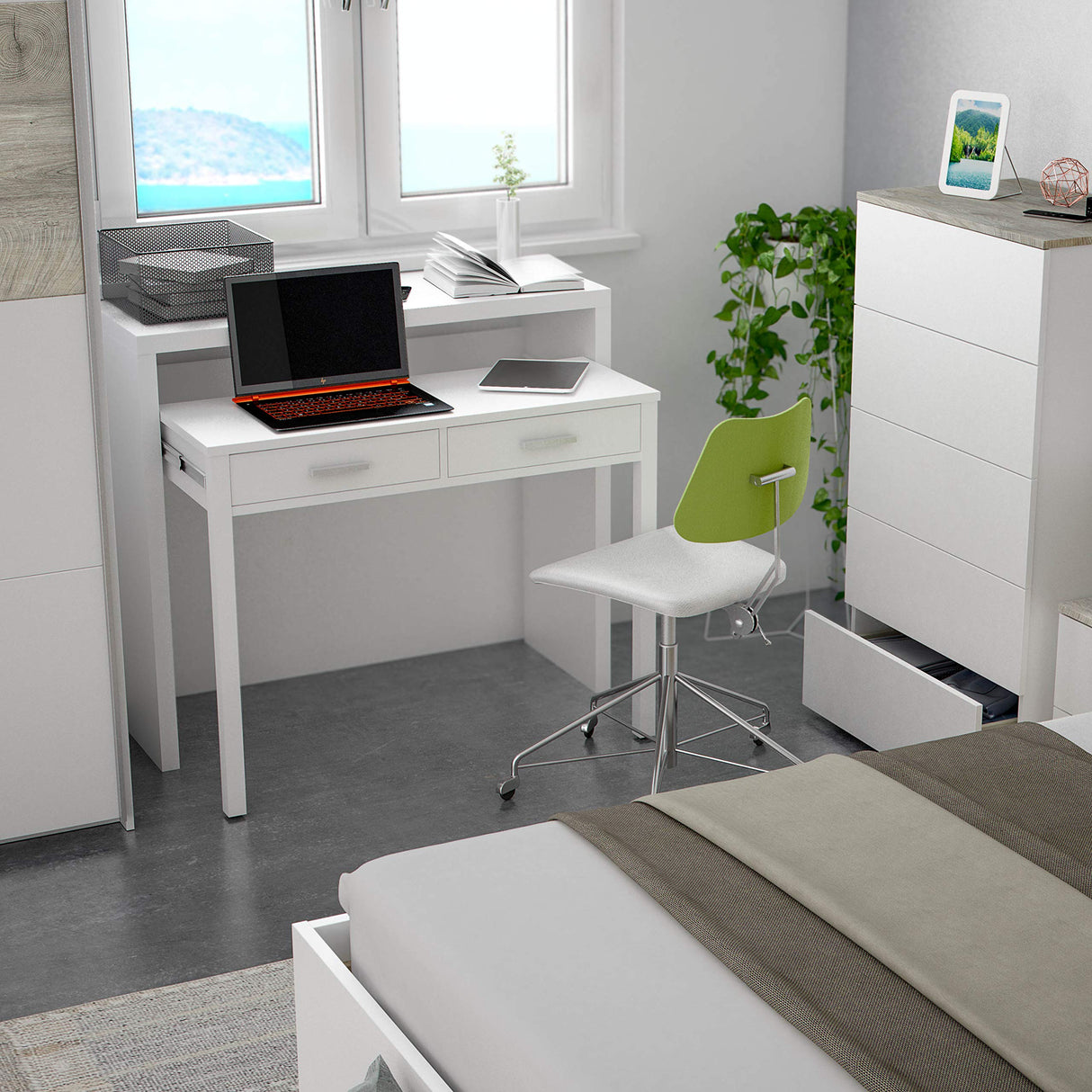 Habitdesign Mesa Escritorio Extensible, Mesa Estudio, Consola, Color Blanco Artik, Medidas: 98,5 cm (Largo) x 36-70 cm (Fondo) x 87,5 cm (Alto)
