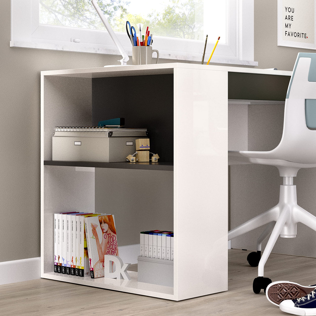 DEKIT GRUPO RIMOBEL TEO - Mesa escritorio con estante y cajón - BLANCO / GRAFITO - 74 x 115 x 50