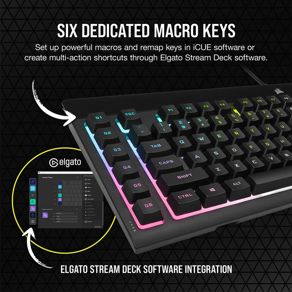 CORSAIR K55 RGB PRO XT Membrana Teclado para juegos con cable, IP42, resistente al polvo y a derrames, 6 teclas macro con integración Elgato, compatible con iCUE, QWERTY UK, PC, Mac, Xbox, color negro