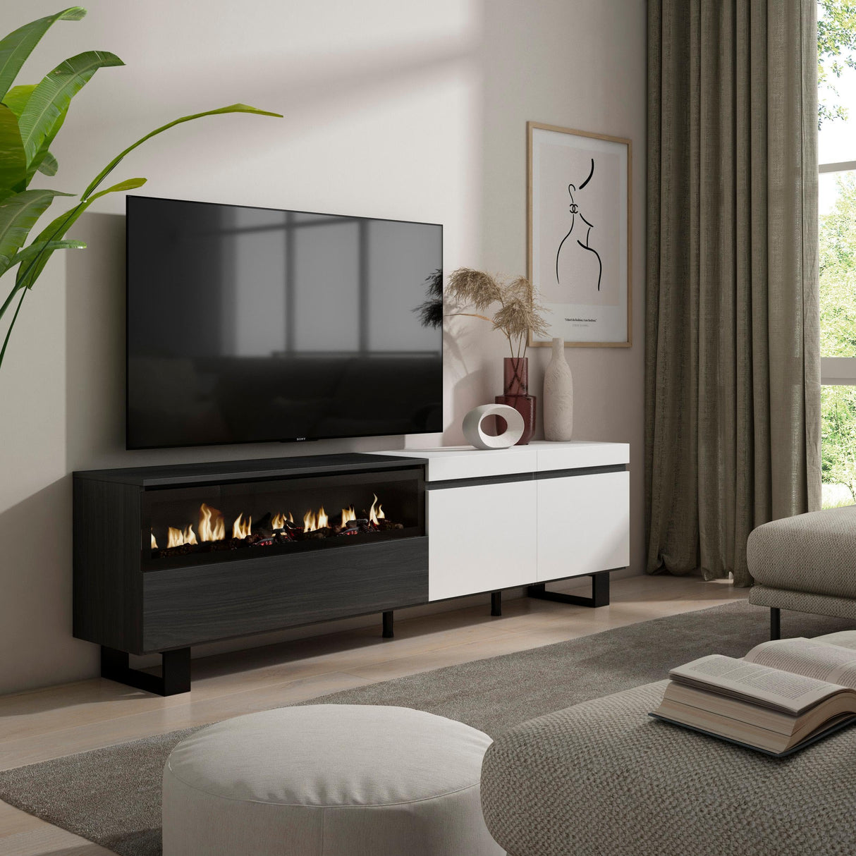 Skraut Home | Mueble TV | Televisión | Muebles de salón, almacenaje | 200x57x35cm | para TV hasta 80" | Chimenea eléctrica | Diseño Industrial | Estilo Moderno | Blanco y Negro