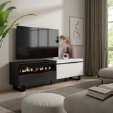 Skraut Home | Mueble TV | Televisión | Muebles de salón, almacenaje | 200x57x35cm | para TV hasta 80" | Chimenea eléctrica | Diseño Industrial | Estilo Moderno | Blanco y Negro