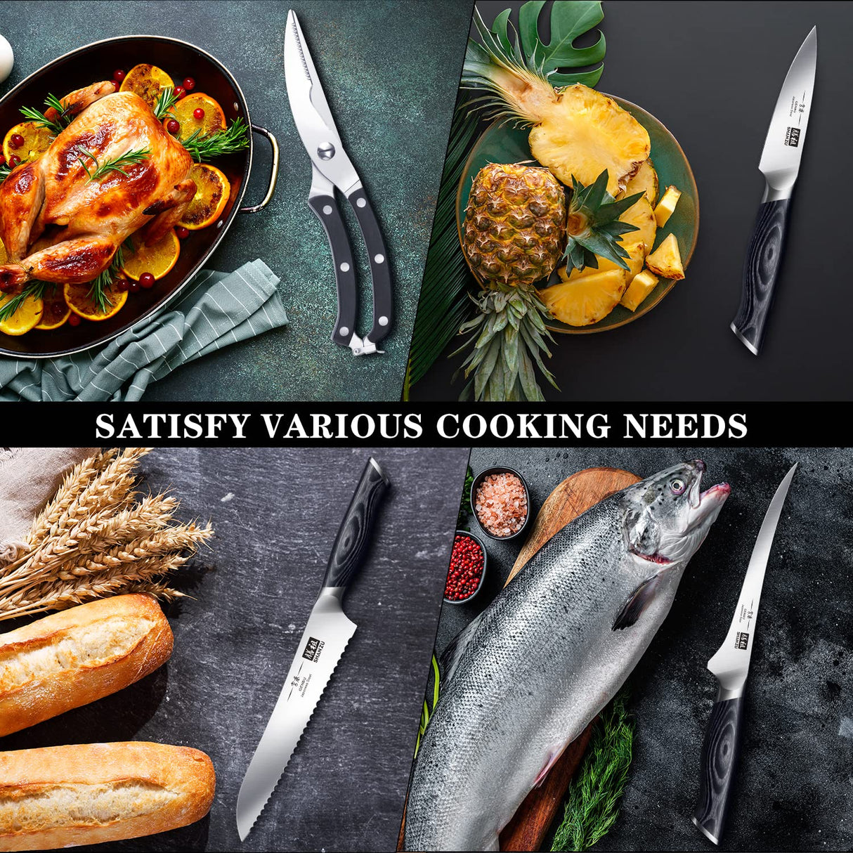 SHAN ZU Juegos de Cuchillos con Bloque, Juego de Bloque de Cuchillos, Juegos de Cuchillos de Cocina Japoneses de Súper Acero con Bloque Extraíble y Mango Ergonómico K133, Serie Genbu de Tortuga Negra