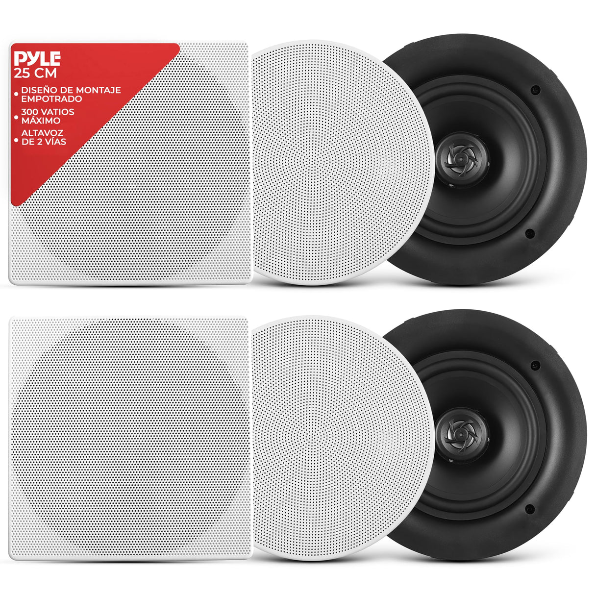 Pyle Altavoces Estereo,10”, 300W, 2 vias, Empotrables, Techo, Pared, Red de Cruce electronico, 35Hz-20kHz