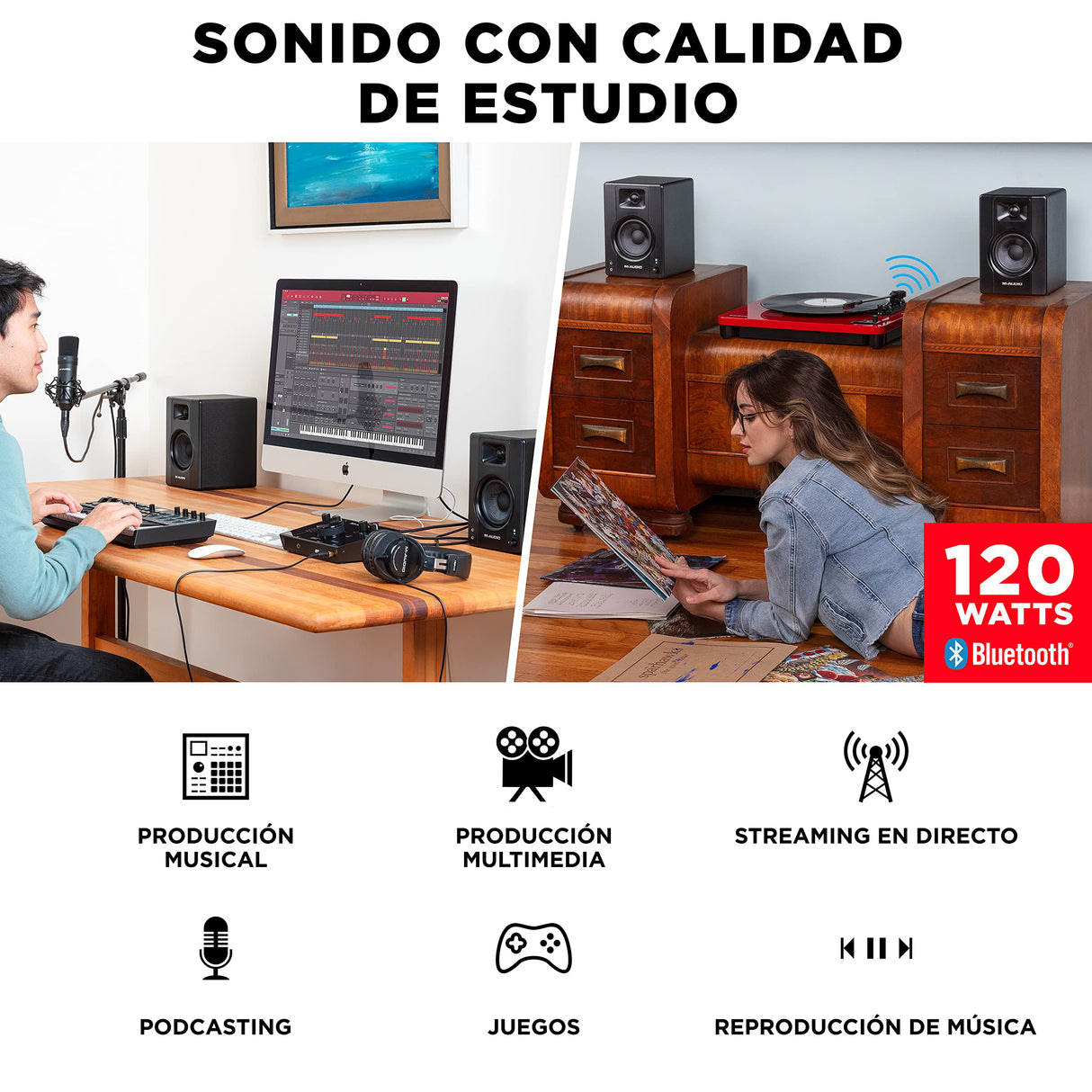 M-AUDIO BX3 BT Par 3.5" 120W Monitores de Estudio, Altavoces Autoamplificados Bluetooth para PC, para producción Musical, Juegos, Streaming, Podcast, DJ