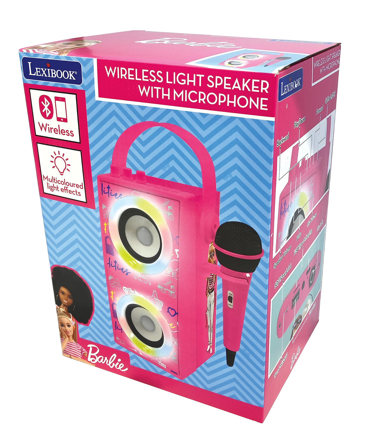 LEXIBOOK, Barbie, Altavoz Luminoso Bluetooth portátil con micrófono, Karaoke, Efectos de luz, inalámbrico, USB, Tarjeta SD, batería Recargable, Rosa, BTP180BBZ