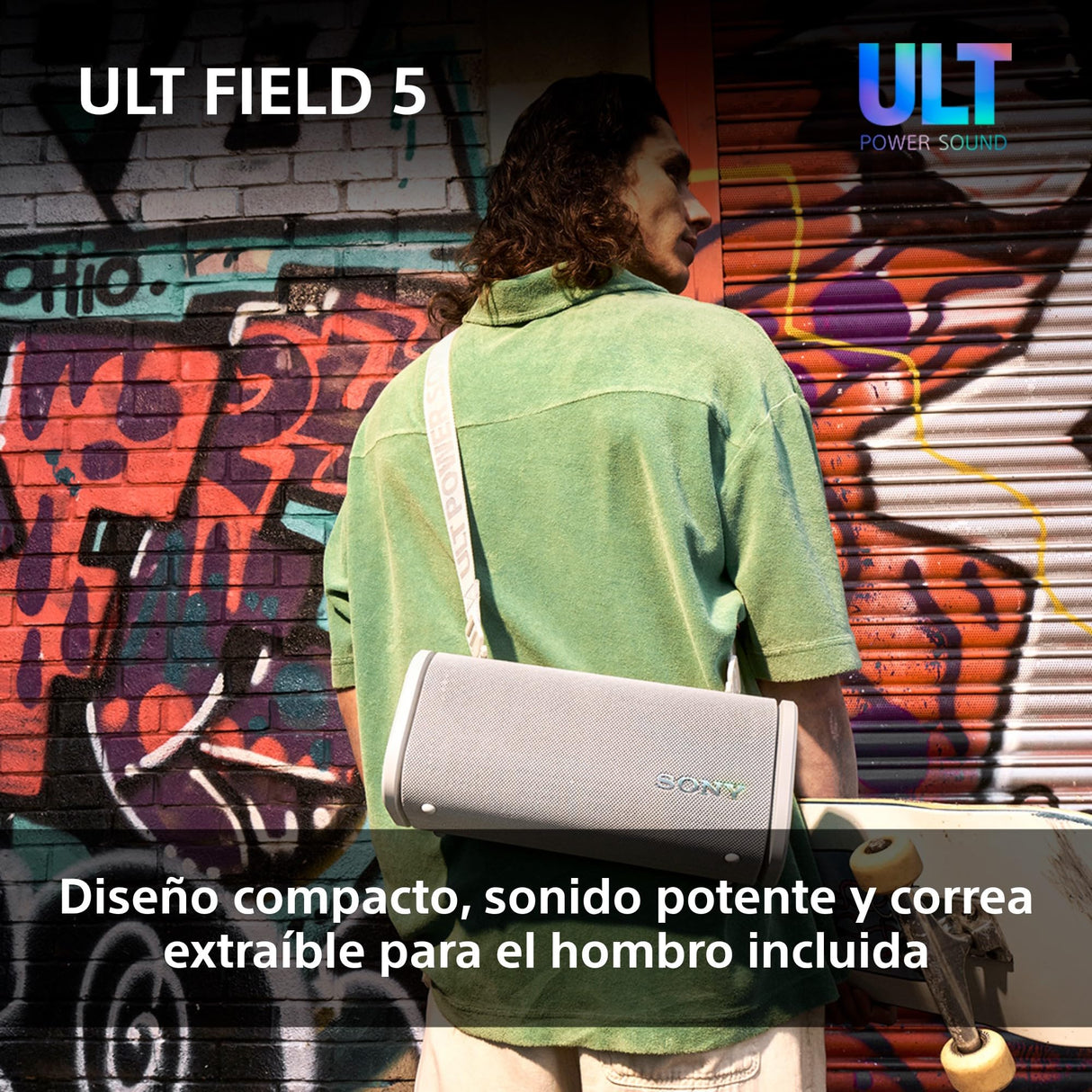 Sony ULT Field 5, Altavoz portátil Bluetooth Potente, 25 H de batería, 2 Modos ULT Power Sound, Resistente al Agua y al Polvo, 360 Luces, Correa Extraible para el Hombro, Compacto, Blanco Marfil