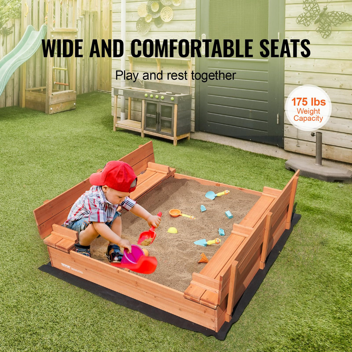 VEVOR Caja de Arena de Madera de 133 x 120 x 43 cm Arenero con Bancos Plegables y Revestimiento Inferior Caja de Arena de Madera para Niños de 3 a 12 Años para Exteriores, Patio, Playa, Parque