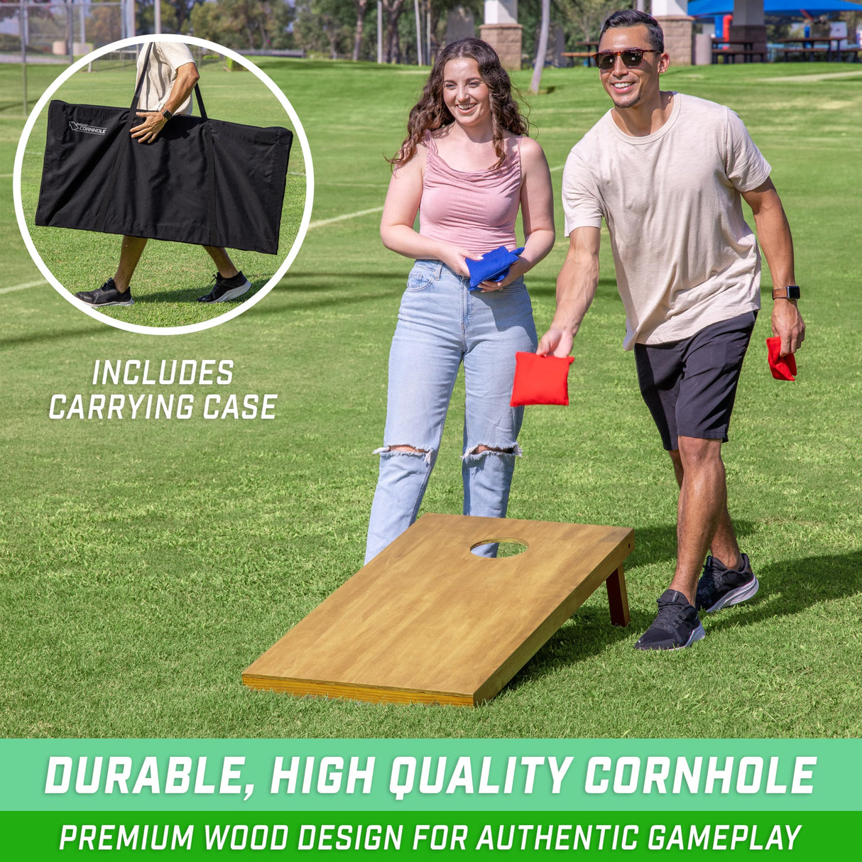 GoSports - Juego de Cornhole de Madera con Acabado marrón Claro, Incluye Funda de Transporte