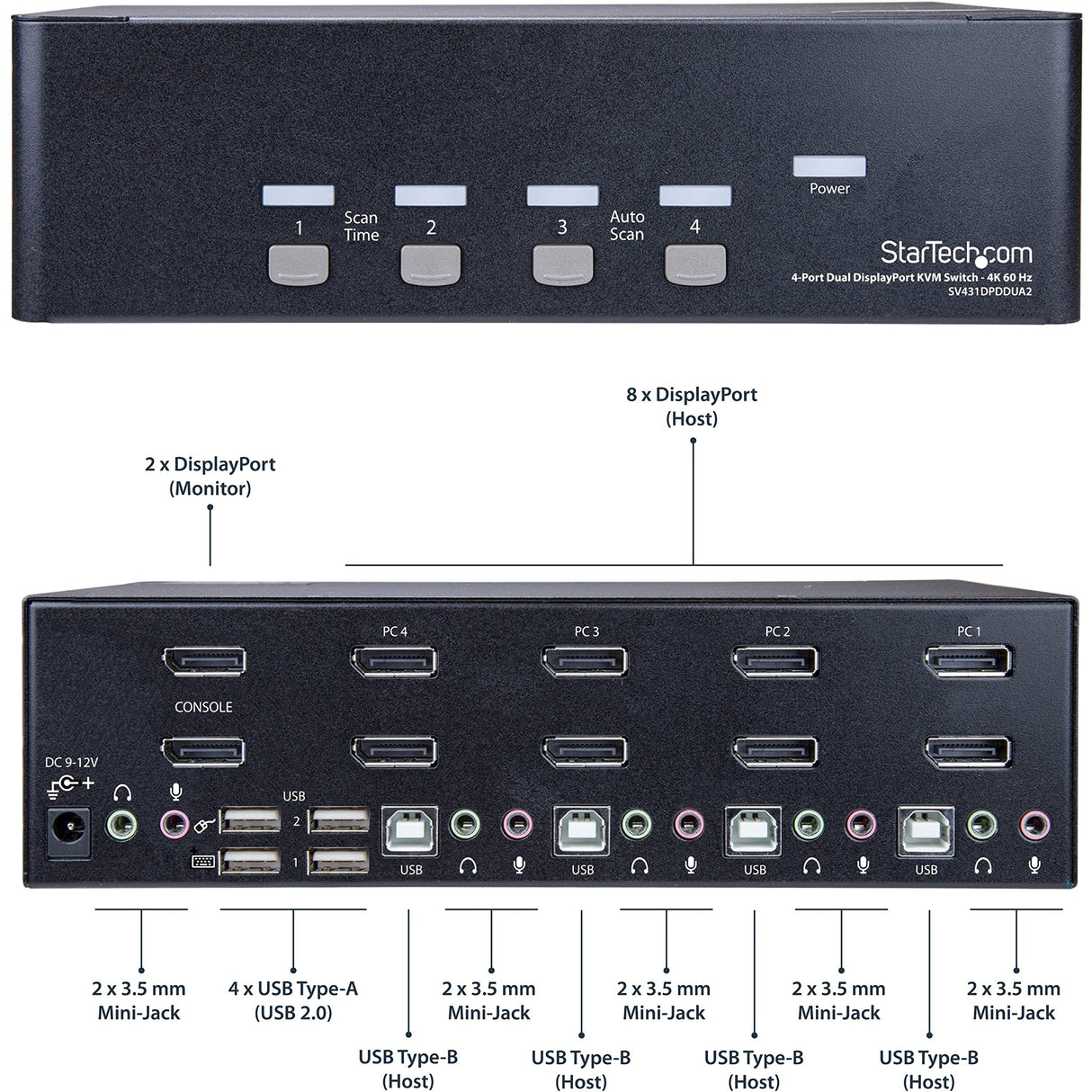 StarTech.com Switch Conmutador KVM de 4 Puertos Dobles DisplayPort de 4K 60Hz - KVM de 4 Puertos Duales DP