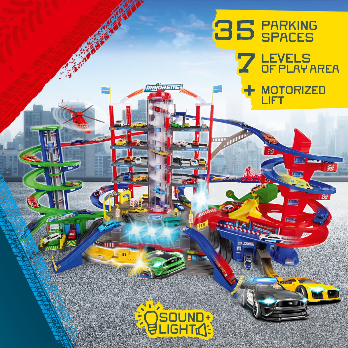 Majorette - Garaje Super City 7 Plantas, Incluye 6 Coches y Tren Motorizado con Luz y Sonido, para Niños a Partir de 5 Años - 128 x 78 x 73 cm