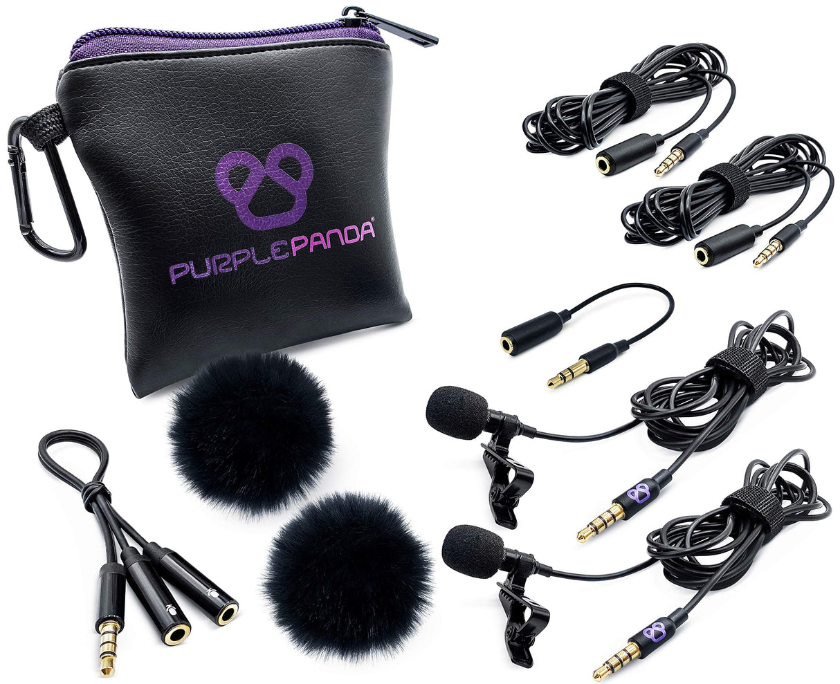 Purple Panda Kit de micrófono de Solapa Lavalier de Doble entrevista (2 Unidades) para Podcast, micrófono Profesional omnidireccional con Clip, Compatible con iPhone, Android, cámara DSLR, Samsung,
