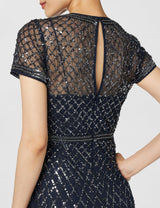 Adrianna Papell - Vestido de Manga Corta con Cuentas de Rejilla para Mujer, Marino, 10