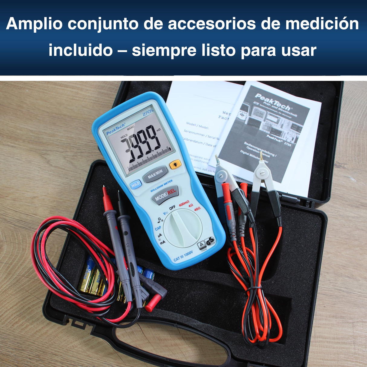 PeakTech 2705 – Miliamperímetro digital con cables de prueba Kelvin de 4 pines, TUV/GS, medición de miliohmios, corriente, multímetro, probador de continuidad, gráfico de barras - CAT III 1000 V