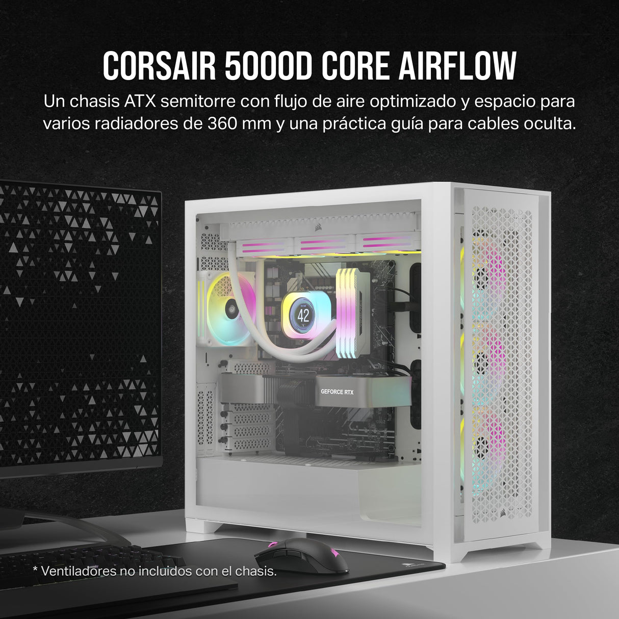 CORSAIR 5000D Core Airflow Caja para PC ATX Torre Media - Sin Ventiladores Incluidos - Panel Lateral de Cristal Templado - Diseño de Gran Flujo de Aire - para Radiadores de 360 mm - Blanco