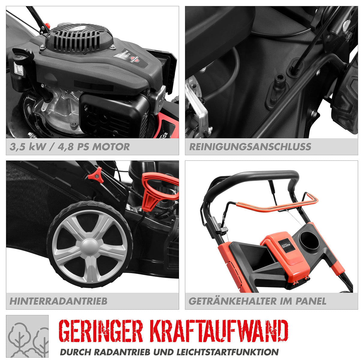 Güde Cortacésped Big Wheeler 534.2 R (Motor: Motor de 4 Tiempos S 592 V, Potencia del Motor: 3,5/4,8 kW/CV, Ancho de Corte: 53,3 cm, tracción a la Rueda, Bolsa de Hierba de 60 l, Ajuste de Altura de