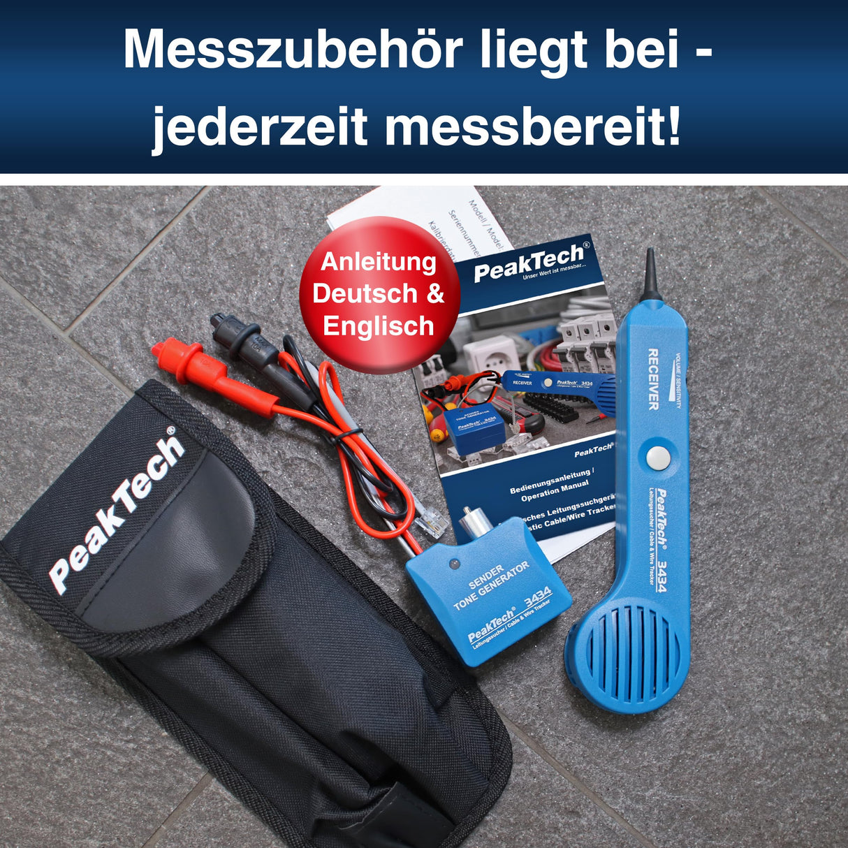 PeakTech P 3434 - Buscador de cables y cables de teléfono con comprobador de paso y señal de sonido