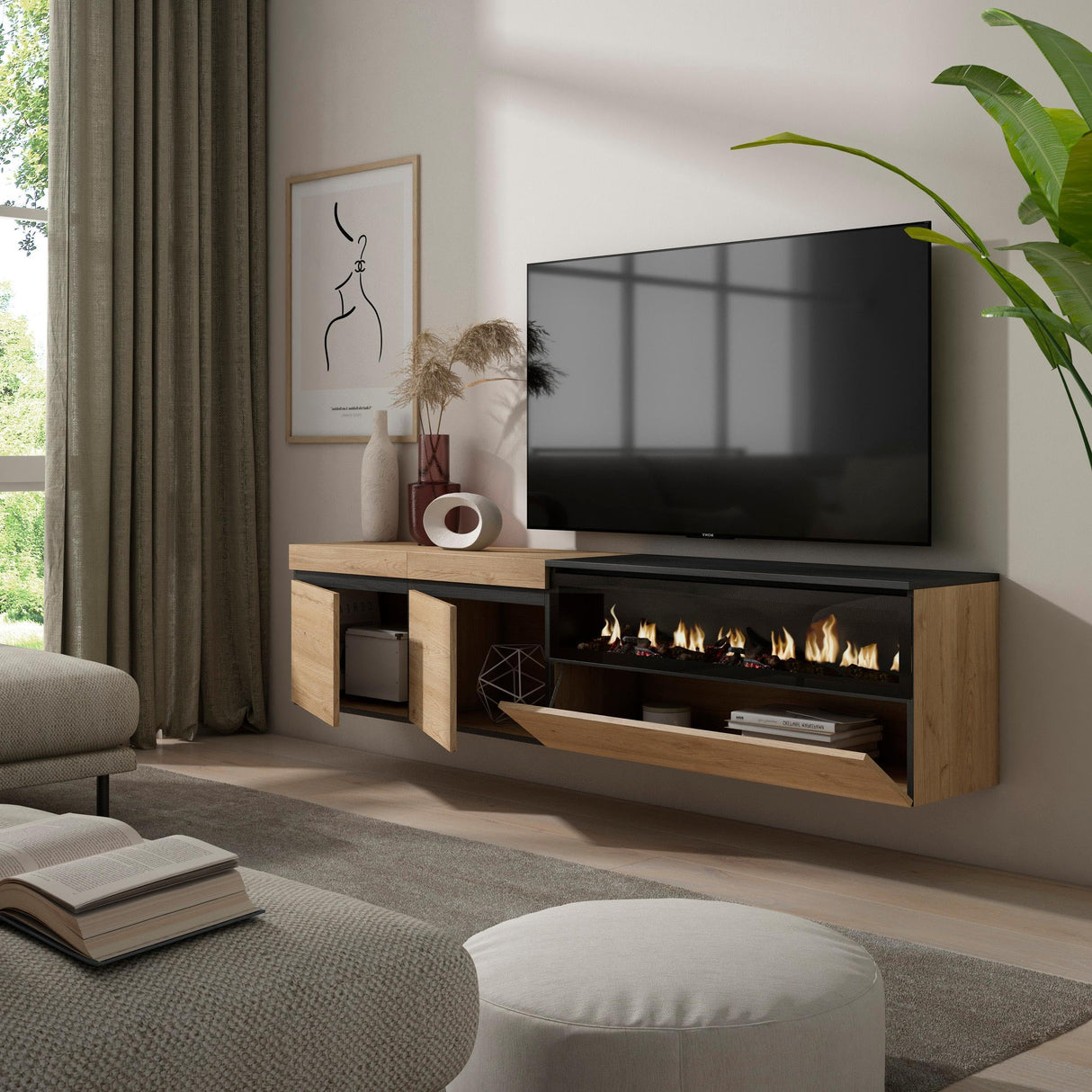 Skraut Home | Mueble TV | Televisión | Muebles de salón, almacenaje | 200x45x35cm | para TV hasta 80" | Chimenea eléctrica | Colgado, Suspendido | Estilo Moderno | Roble y Negro