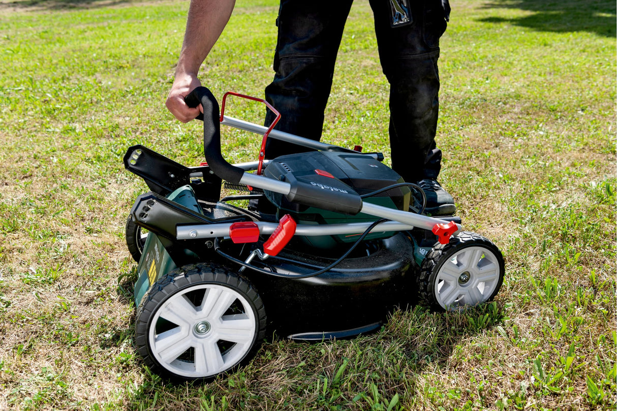 metabo cortacésped a batería RM 36-18 LTX BL 46 – 601606650 – 18 V – con función de Mulching – para Jardines de hasta 800 m² – Incluye 2 baterías y Cargadores