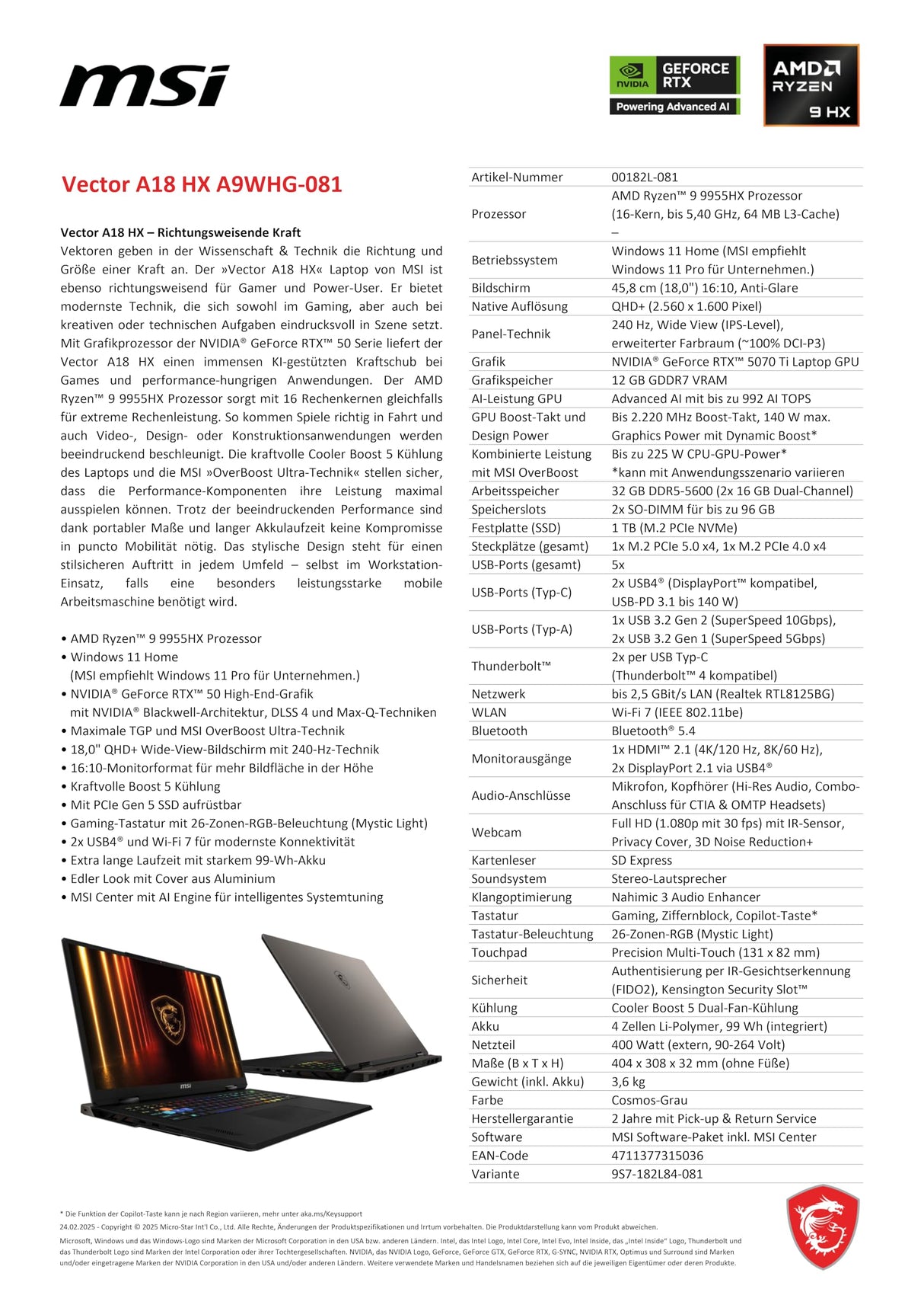 MSI Vector A18 HX Gaming Laptop de 18" QHD+ Pantalla de 240 Hz, AMD Ryzen 9 9955HX, NVIDIA GeForce RTX 5070 Ti, 32 GB DDR5, 1TB SSD, Windows 11 Home, Teclado QWERTZ, A9WHG-081