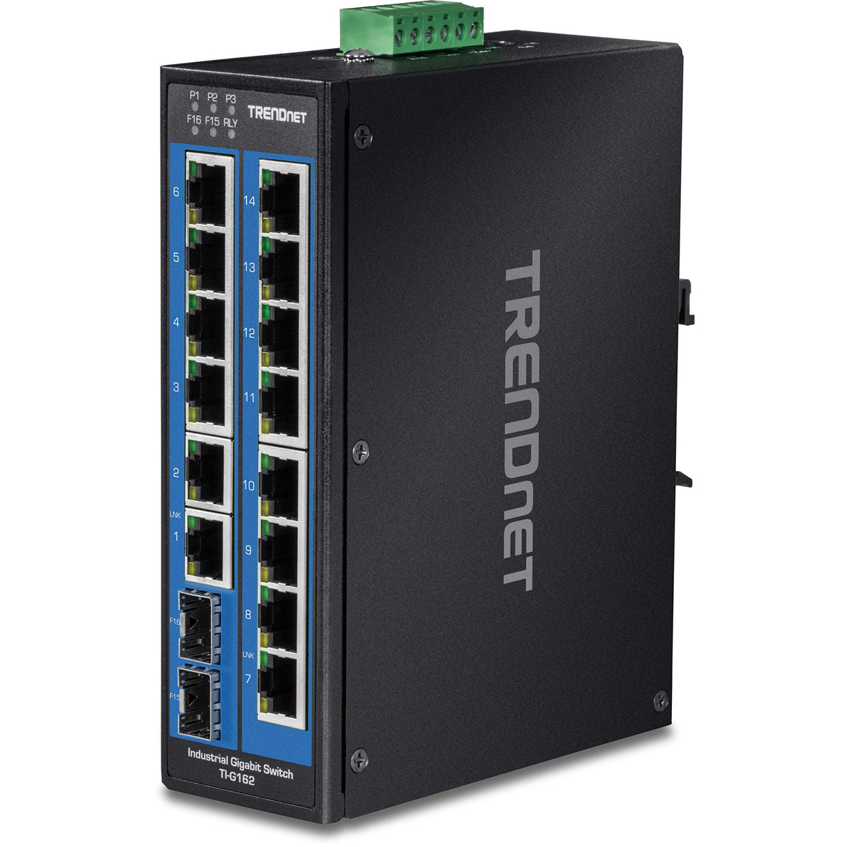 TRENDnet, TI-G162, Switch DIN-Rail Gigabit Industrial de 16 Puertos, 14 Puertos Gigabit, 2 Ranuras SFP Gigabit, Capacidad de conmutación de 32 Gbps