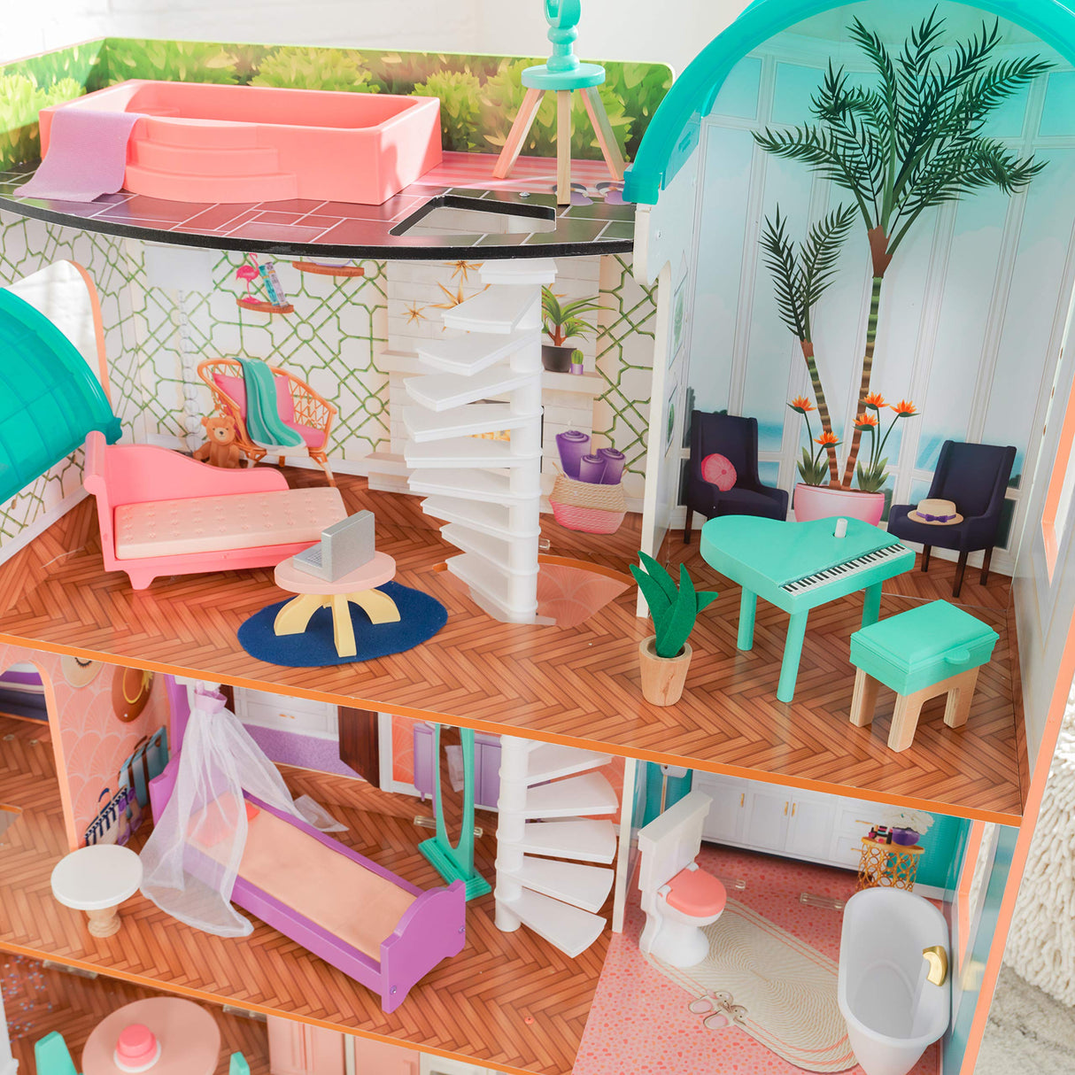 KidKraft Casa de muñecas de madera Camila con muebles y accesorios, Casita de juguete con gato, ascensor y piscina para muñecas de 30 cm, juguetes niños y niñas desde 3años (65986) Exclusivo en Amazon