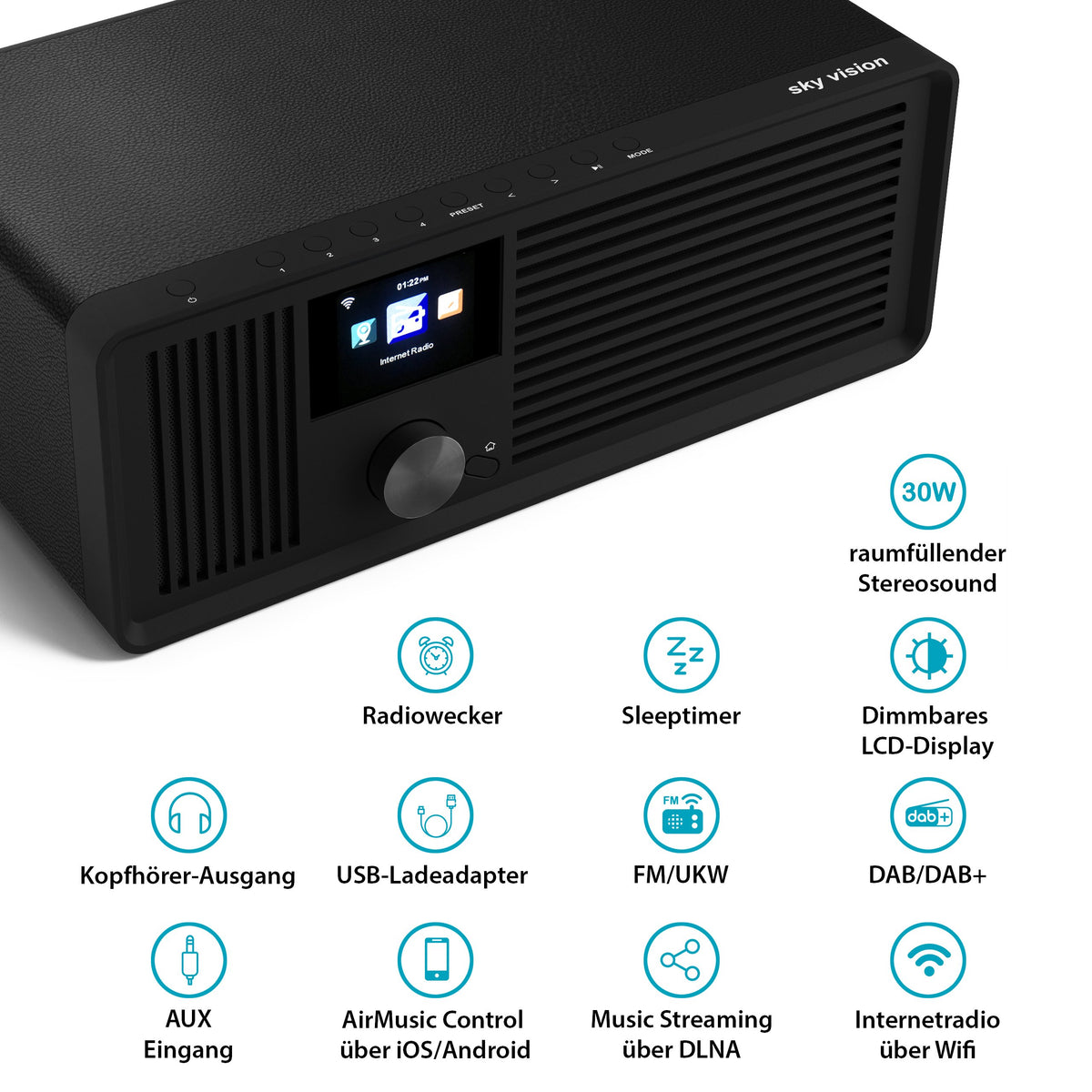 sky vision Dab 70 - Radio por Internet estéreo Dab+ (FM, FM, WiFi, con Puerto AUX y Cable, Radio Digital, Reloj Despertador, con Mando a Distancia), Color Negro