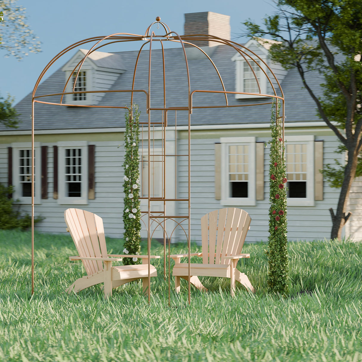 Relaxdays Arco Jardín Metal, 269x211x211 cm, Soporte Enredaderas y Rosas, Plantas Trepadoras, Tutor con Ganchos, Bronce, Acero