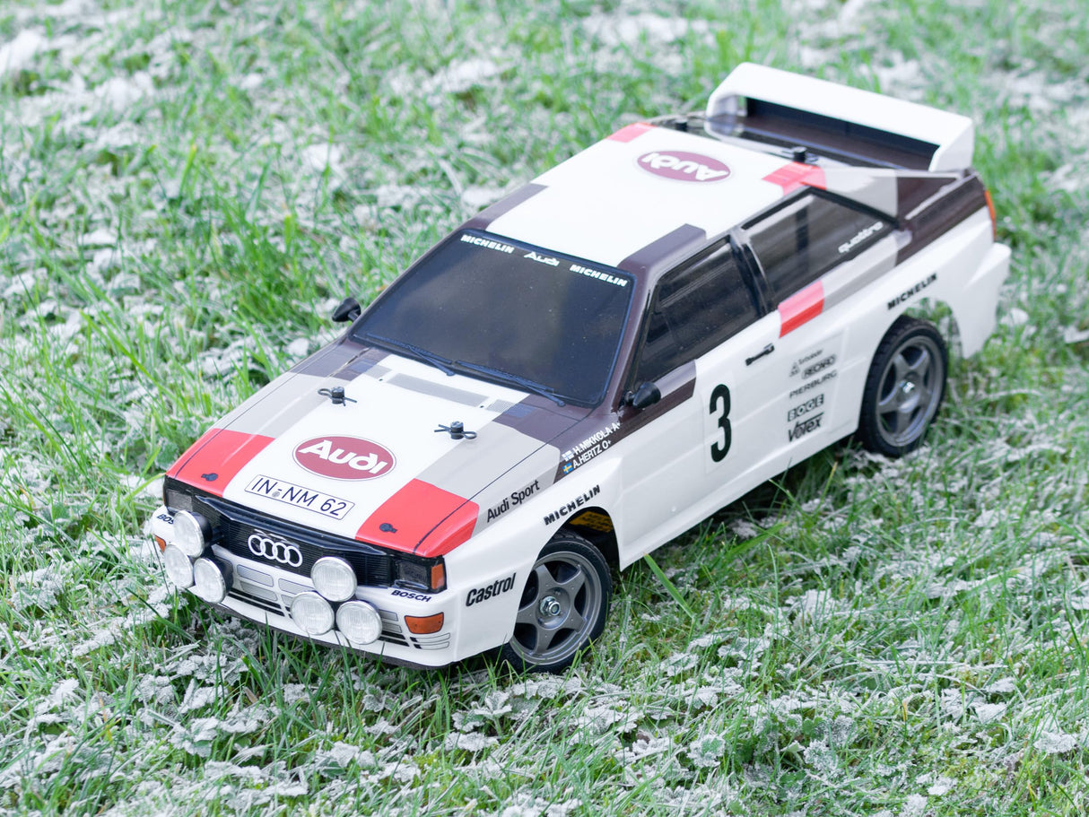 TAMIYA TAM58667 58667 Audi 300058667 RC Quattro Rally A2 (TT-02), maqueta de Coche teledirigido, Escala 1:10, Kit de construcción para Hobbies, para Montar, Color Blanco