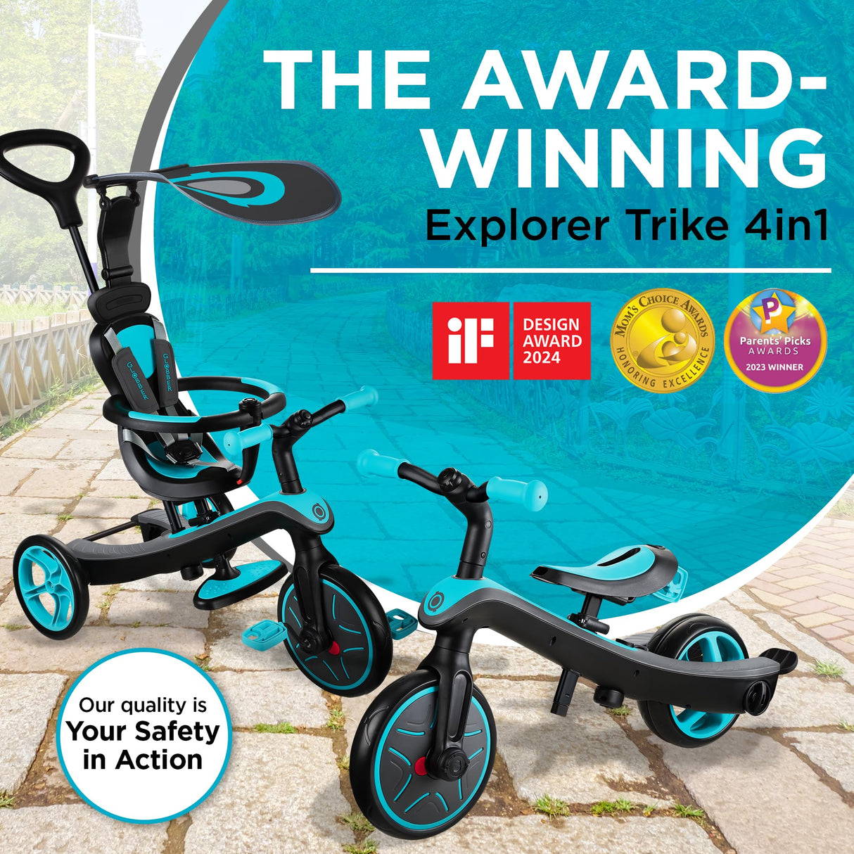 Globber - Explorer Trike 4 in 1 - Triciclo y Bicicleta de Equilibrio Todo en uno para niños pequeños de 10m + a 5 años +, Verde Azulado