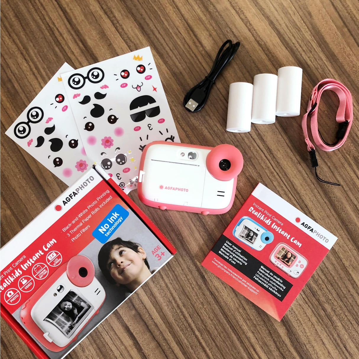 AgfaPhoto Realikids Cámara instantánea + 1 Tarjeta Micro SD de 32 GB + 3 Rollos de Papel térmico ATP3WH - Cámara instantánea para niños, Pantalla LCD de 2.4 Pulgadas, Espejo Selfie y Filtro de Fotos