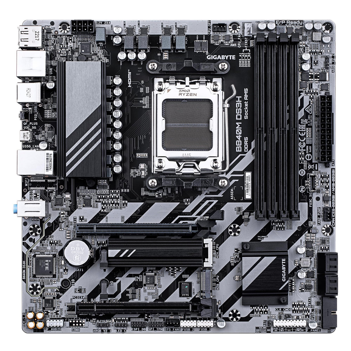 GIGABYTE B840M DS3H Placa Base - Procesadores AMD Ryzen 9000, VRM de 8+2+2 Fases, hasta 8200 MHz DDR5, 2xPCIe 4.0 M.2, LAN 2.5GbE, USB 3.2 Gen 1