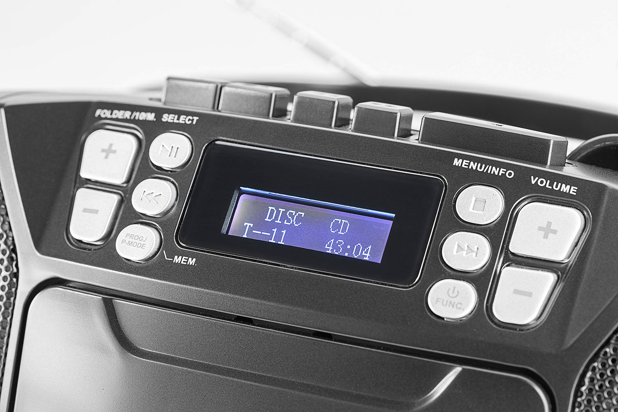 Dual, 75961,DAB-P AA8210 - Radio de casete con CD - DAB(+)/FM - Boombox - Reproductor de CD - Altavoz estéreo - Puerto USB - Entrada auxiliar - Funcionamiento con alimentación/batería - Portátil Negro