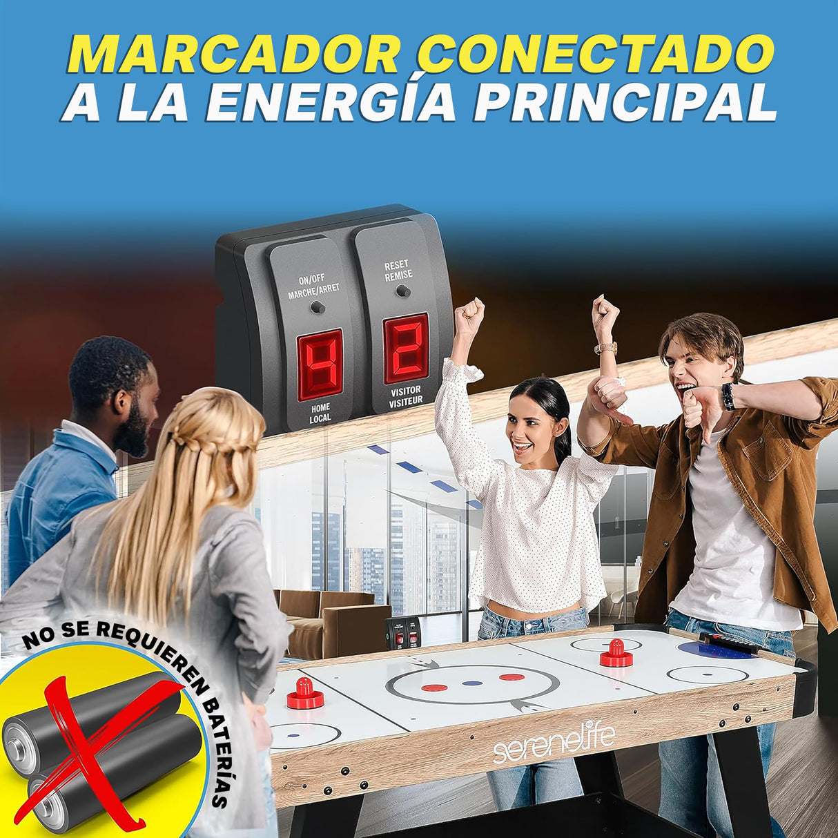 Serenelife mesa de hockey de aire de 58”, Motor dos veces mas fuerte, Marcador de puntos LED digital, Dispensador de discos