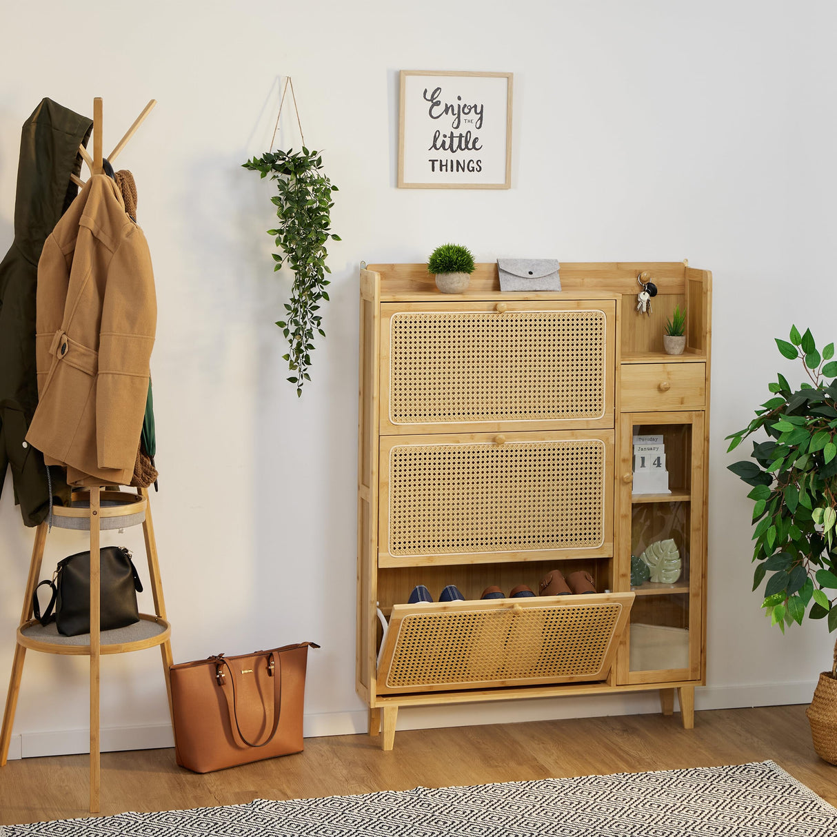 Relaxdays Mueble Zapatero, 5 Compartimentos, Armario Calzado Bambú, 127x95x19 cm, 9 Pares, 3 Solapas, Estrecho, Natural, Plástico, Tablero de Fibras