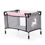 Bayer Design 18333AC Cochecito de muñeca, Convertible, Regulable en Altura, Accesorios, Bolsa, Cuna de Viaje, portabebés para muñeca, Saco de Dormir, Jeans-Gris, Rosa, Unicornio