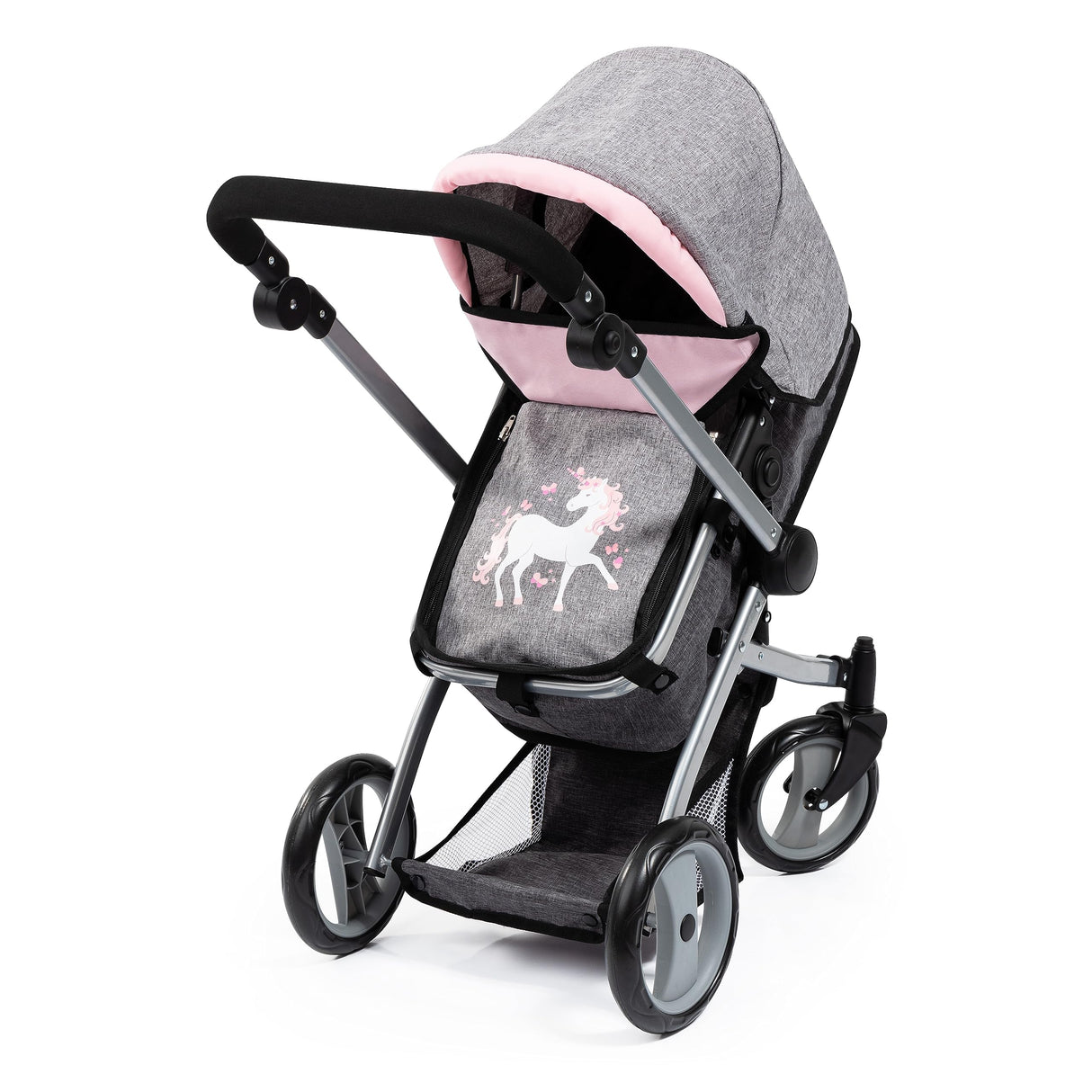 Bayer Design 18333AC Cochecito de muñeca, Convertible, Regulable en Altura, Accesorios, Bolsa, Cuna de Viaje, portabebés para muñeca, Saco de Dormir, Jeans-Gris, Rosa, Unicornio