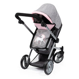 Bayer Design 18333AC Cochecito de muñeca, Convertible, Regulable en Altura, Accesorios, Bolsa, Cuna de Viaje, portabebés para muñeca, Saco de Dormir, Jeans-Gris, Rosa, Unicornio