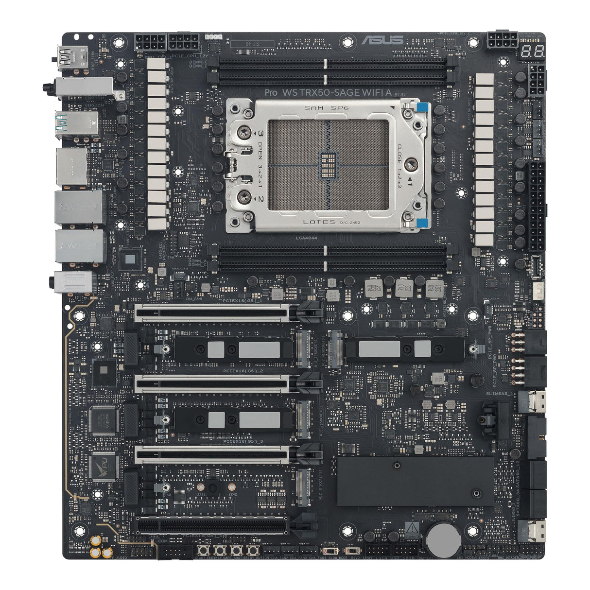 ASUS Pro WS TRX50-SAGE WiFi A, Placa Base AMD, Socket AMD sTR5 para CPU de hasta 96 núcleos, 36 etapas de alimentación, Ranura DDR5 ECC R-DIMM, Tres Ranuras M.2, Tres Ranuras PCIe 5.0, USB-C 20 Gbps