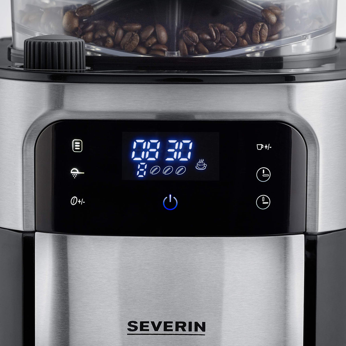 SEVERIN - Cafetera de goteo con molinillo hasta 10 tazas, Cafetera de filtro / Cafetera americana con jarra de cristal de 1l, con pantalla LED con temporizador, Acero inoxidable / Negro, KA 4814